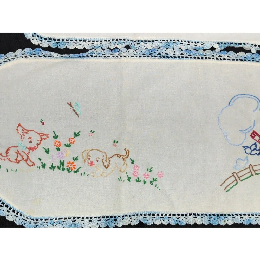 Pair VTG Handmade Embroidered Table Runner Farmhouse Farm Animals Blue Crochet